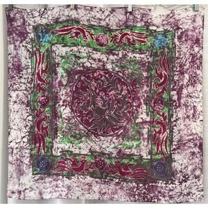 100% Silk Scarf Hand Painted Red Green White Asian Batik 34 x 36